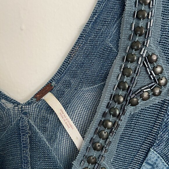 Free People // Blue Boho Focus On The Center Top Small Beaded Tunic M - Picture 4 of 7